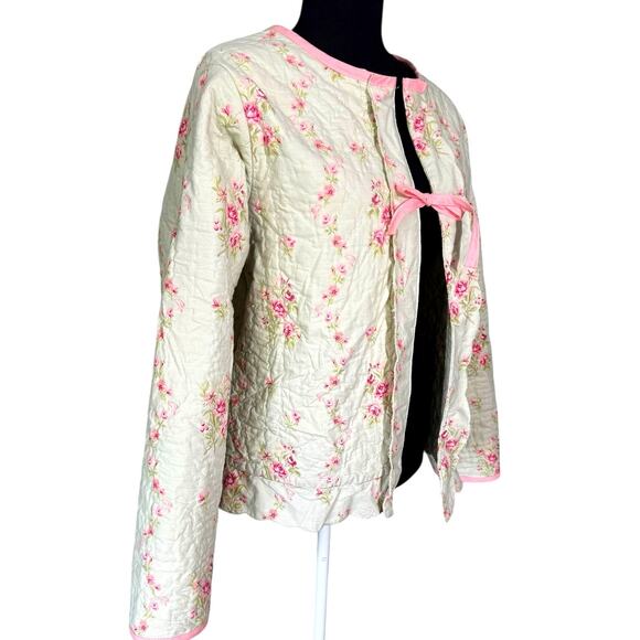 Handmade Quilted Jacket Upcycled Size M/L Repurposed Green Pink Floral Coquette - Picture 2 of 10